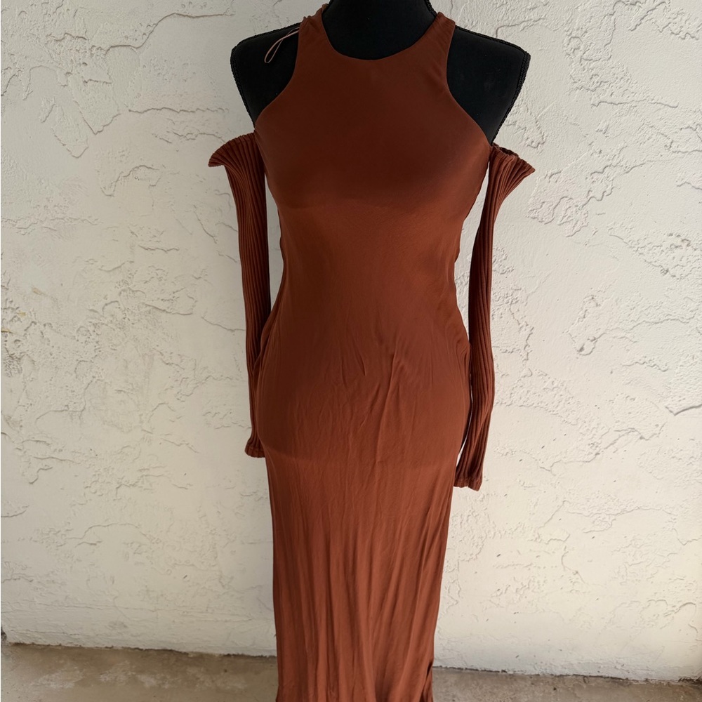Zara Rust Brown Sleeveless Maxi Dress with Detachable Sleeves